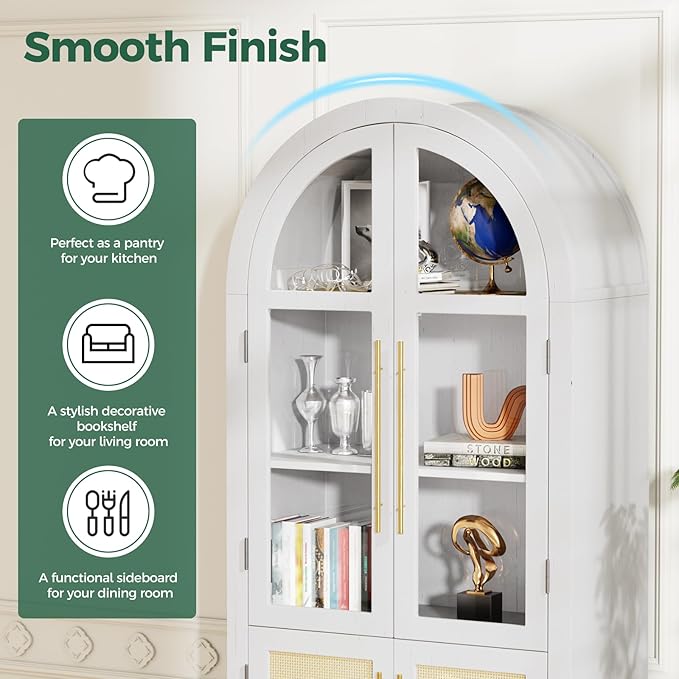 71?쒪rched Kitchen Pantry Cabinet, Stylish Arched Bookcase & Multi-Use Storage Cabinet with Glass & Rattan Doors, Ideal as Kitchen Pantry, Living Room Display, or Entryway Organizer ??White