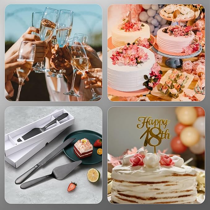 Wedding Cake Knife and Server Set, Integral Stainless Steel Longer Cake Cutter and Wider Pie Spatula, Elegant Cake Cutting Serving Set for Party Birthday Bridal Shower Set of 2, Matte Black