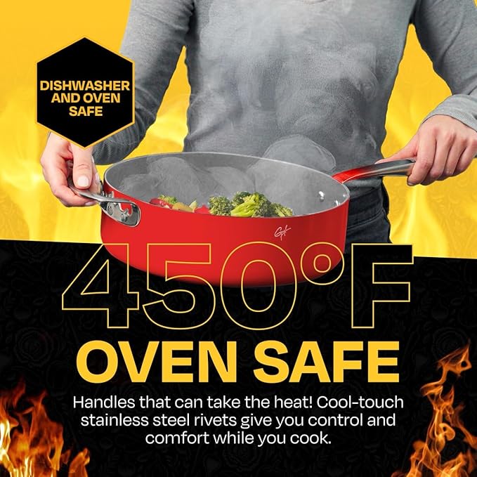 Guy Fieri's Flavortown 15-Piece Ceramic Cookware Set, Nonstick Pots and Pans for Cooking, Easy-Clean Kitchen Cookware, Made without PFAS PTFE PFOA, Induction Compatible, Oven & Dishwasher Safe, Red