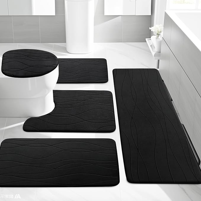 YIHOUSE Memory Foam Black Bathroom Rug Sets 5 Piece, Ultra Absorbent Bath Mat for Bathroom - Non-Slip Machine Washable & Dry Quickly, 5 Piece Bathroom Mat Set, Black