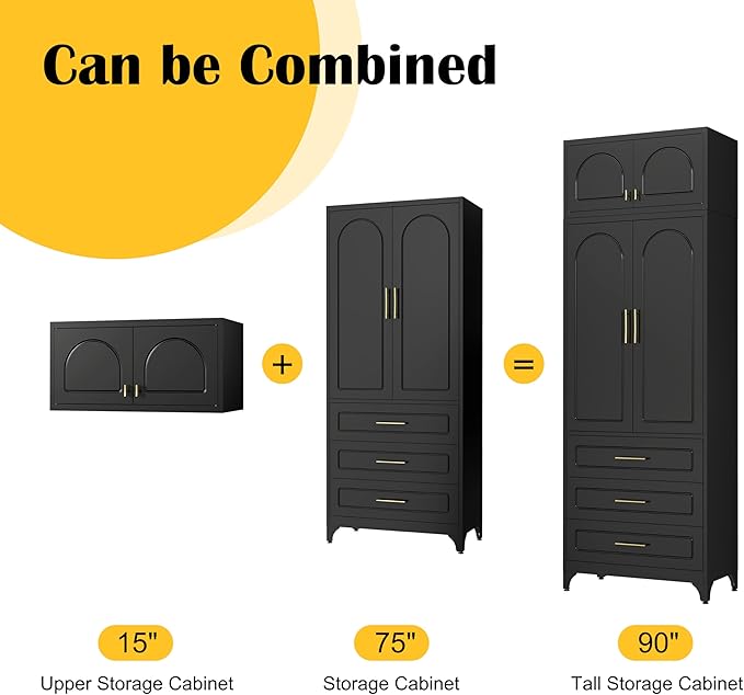Kitchen Pantry Cabinet竊?0" Storage Cabinets with Doors and Shelves,Metal Pantry Cabinet with 3 Drawers,Black Kitchen Cupboard for Livingroom,Pantry, Bathroom