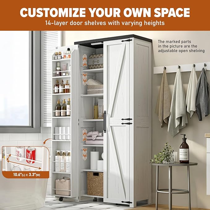 Pantry Cabinet, 71" Tall Farmhouse Kitchen Pantry Cabinet with 2 Barn and Adjustable Shelf, High Freestanding Tall Cupboard Storage Cabinet with Light for Living Room, Kitchen(White)