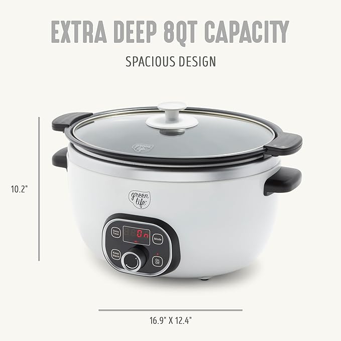 GreenLife 8QT Slow Cooker, Non-Toxic PFAS-Free Ceramic Nonstick Removable Interior Bowl, Programmable, Family Friendly, Keep Warm, Stovetop & Oven Safe, Dishwasher Safe Crock, Timer, Glass Lid, White