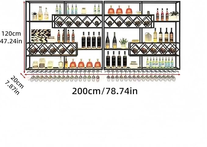 79 Inch Wine Rack Wall Mounted, 4 Tier Large Wall Mounted Liquor Shelf & Bar Shelf, Metal Wall Wine Rack with Glass Holder, Bar Shelves for Liquor Bottles Display Storage, Black (No Lights)