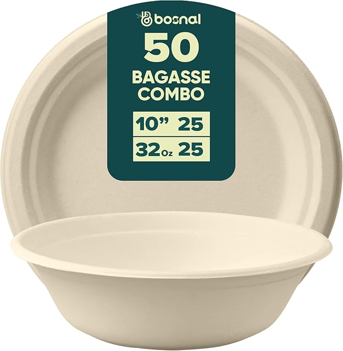 BOSNAL 10 Inch Round Plates with 32 oz Bowls ??25 Plates, 25 Bowls,100% Plant-Based Sugarcane Bagasse, Eco-Friendly Disposable Dinnerware for Hot & Cold Meals, Microwave Safe
