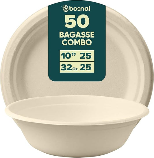 BOSNAL 10 Inch Round Plates with 32 oz Bowls ??25 Plates, 25 Bowls,100% Plant-Based Sugarcane Bagasse, Eco-Friendly Disposable Dinnerware for Hot & Cold Meals, Microwave Safe