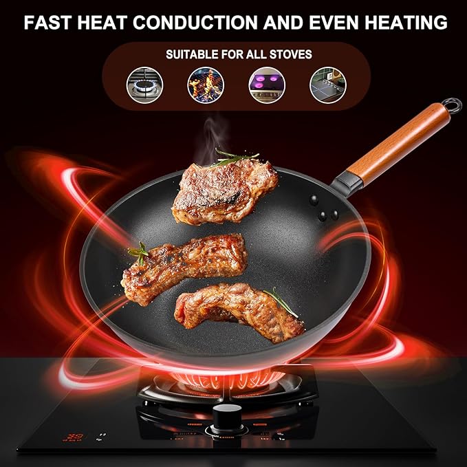 Carbon Steel Wok Pan - 13" Woks & Stir-Fry Pans Nonstick with Spatula: Flat Bottom Wok for Electric, Induction and Gas Stoves
