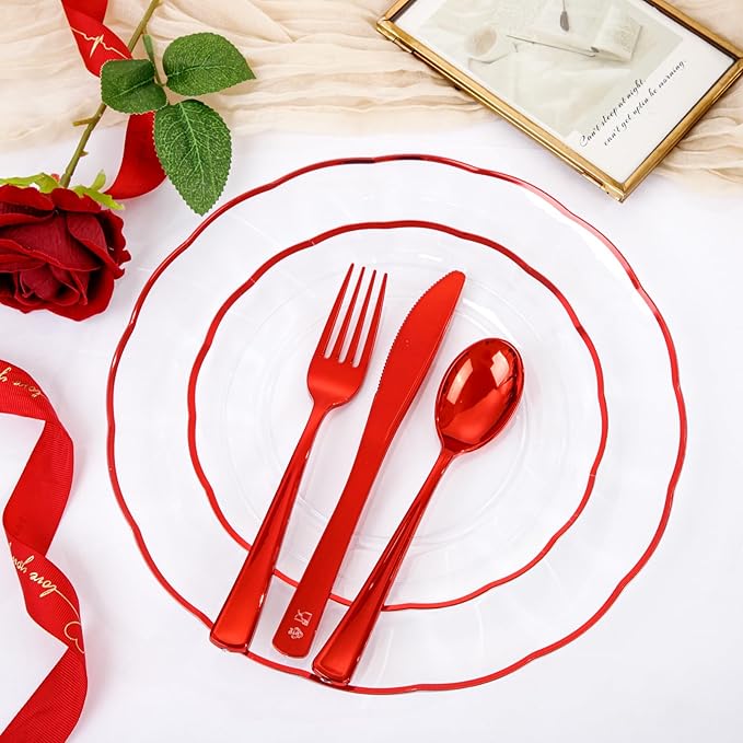 EI 150pcs Clear and Red Plastic Plates,Plastic Plates and sliverware,Clear Disposable Party Dinnerware Set for 30 Guests,Red Wavy Petal Edge Disposable Dinnerware Set for Wedding,Christmas,New Year