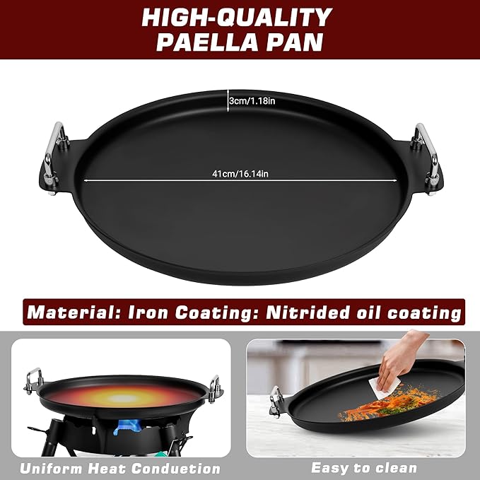 Q044-Paella Pan Set with Burner, 16 Inch Carbon Steel Outdoor Pan and Reinforced/Adjustion Legsfor Outdoor Cooking
