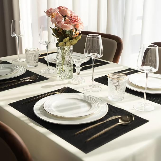 SUMYMERY Placemats Set of 8 Vinyl/Plastic Woven Place Mats for Kitchen Table Indoor/Outdoor Washable Placemat Wipeable Dining Table Mats (Full Black,8)