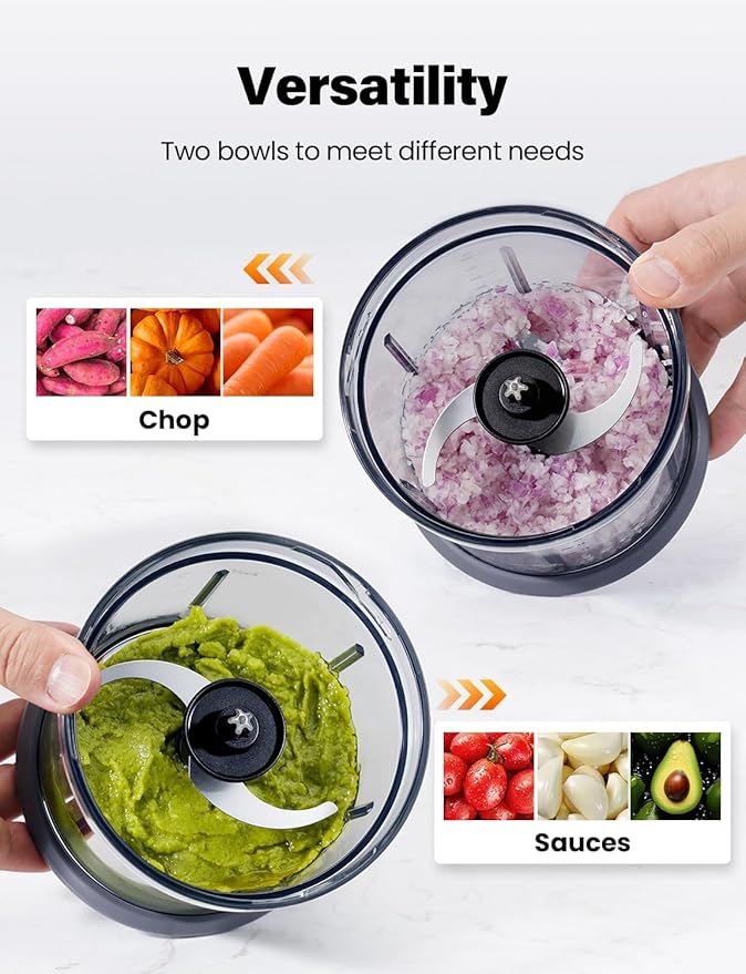 Food Processor 4 Cup, Electric Food Chopper, ?�Small but Powerful?‘Meat Grinder with 2 Bowls, 2 Speed & 4 Blades for Vegetable, Meat, Nuts, Functions for Chopping, Dicing, Mixing and Puree