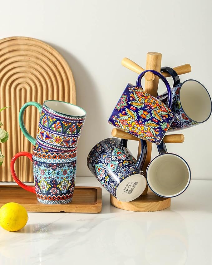 glowworm Coffee Mugs Set of 6, 16 oz Ceramic Coffee Mug with Handle, Large Coffee Cups for Latte, Cappuccino, Milk Dishwasher & Microwave Safe, Bohemian