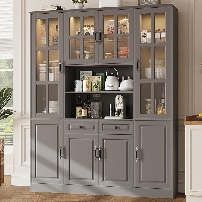 MEISSALIVVE 78.7" Tall Pantry Cabinet with LED Lights, Freestanding Kitchen Pantry with Glass Doors, Large Food Storage Cabinet, Gery (63" W x 15.7" D)