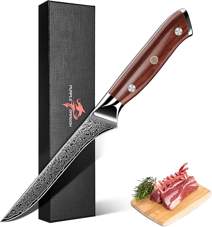Purple Dragon Damascus Fillet Knife 5.6 Inch, Boning Knife for Meat Cutting, VG10 Steel FiletKnife for Fish Chicken Deboning Meat Trimming Christmas Gift for Men and Women