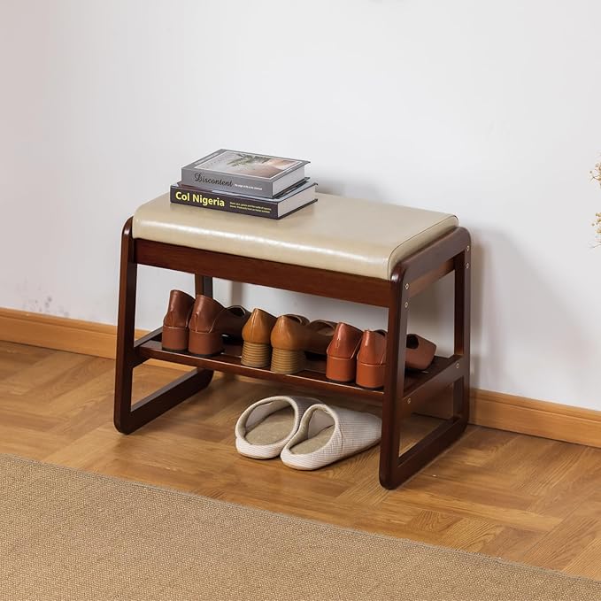 SOBIBO Solid Wood Shoe Bench, 2-Tier Entryway Bench with Cushion and Flip-Open Storage Box, Mid-Century Modern Shoe Bench Rack for Hallway, Mudroom(Gray, 21.65'')