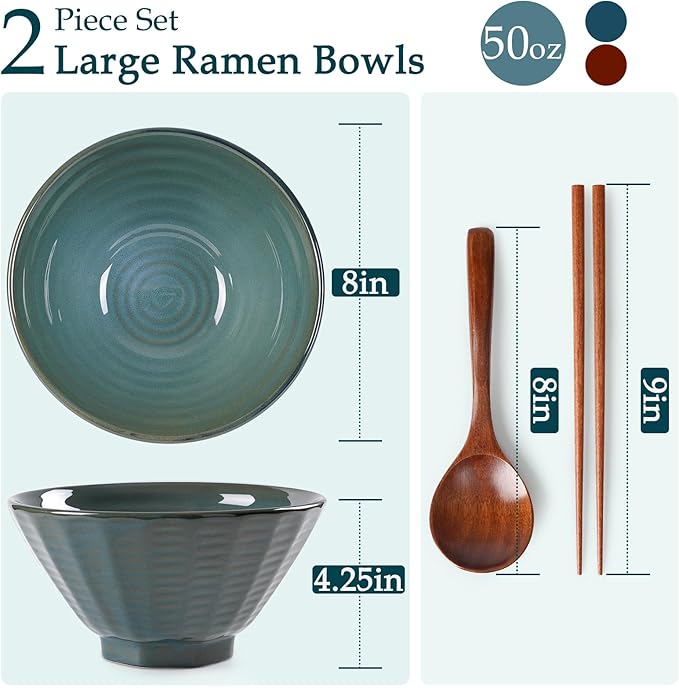 NUTRIUPS Ceramic Ramen Bowl Set of 2 Noodles Bowl with Chopsticks and Spoons, 50oz Large Ramen Bowl- Deep Ocean Green