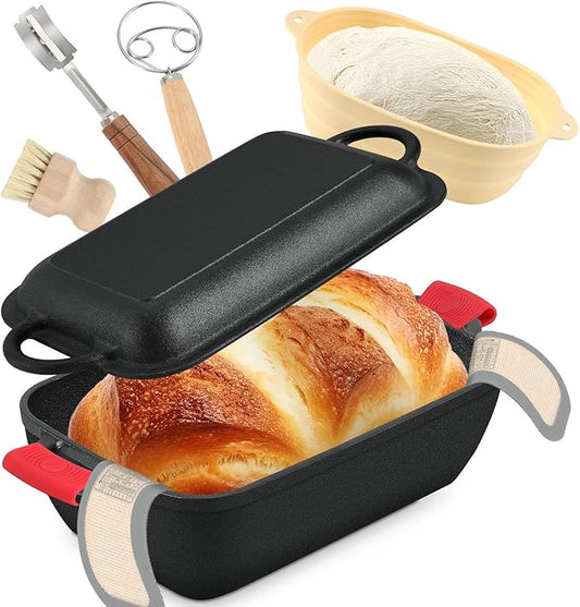 6.35 Qt Oval Cast Iron Dutch Oven for Bread Baking, Bread Baking Pan with Lid includes Bread Baking Supplies, Multi-Functional Sourdough Baking Kit for Frying and Braising