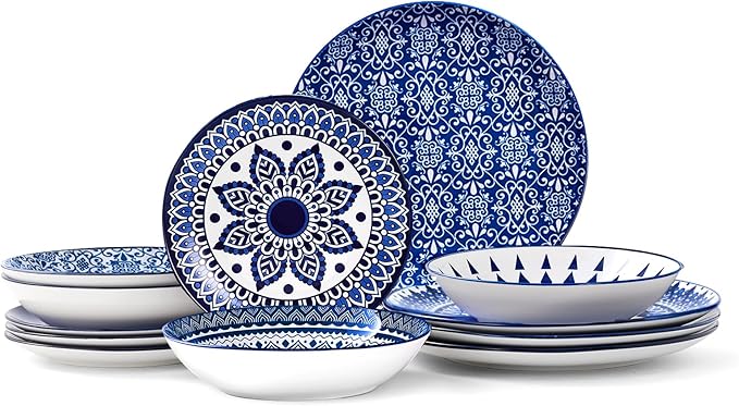 Bestone Porcelain Dinnerware Sets Service for 4, 12 pcs Hand drawn Plates and Bowls Sets, Handmade Ceramic Dish Set, Chip Resistant Modern Plate Set, Dishwasher/Microwave Safe竊똙intage Blue