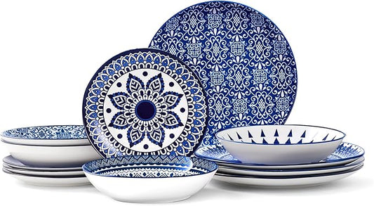 Bestone Porcelain Dinnerware Sets Service for 4, 12 pcs Hand drawn Plates and Bowls Sets, Handmade Ceramic Dish Set, Chip Resistant Modern Plate Set, Dishwasher/Microwave Safe竊똙intage Blue