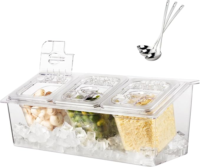 CURTA Commercial Spice Rack Set, NSF Certified, Polycarbonate Inclined Organizer Shelf with 3 1/6 6" Pan(9.6 Cup) & 3 Ladles, Countertop Holder for Seasoning Topping, Freezer Safe