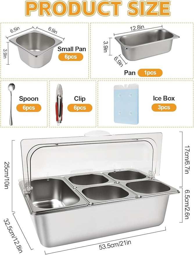 Lanstics Pizza Topping Station 7 Pans Stainless Steel Spice Organizer Salad Bar Buffet Station with Spoons Ice Boxes Buffet Containers Set for Sauce Jam Ingredient Kitchen Restaurant Pantry