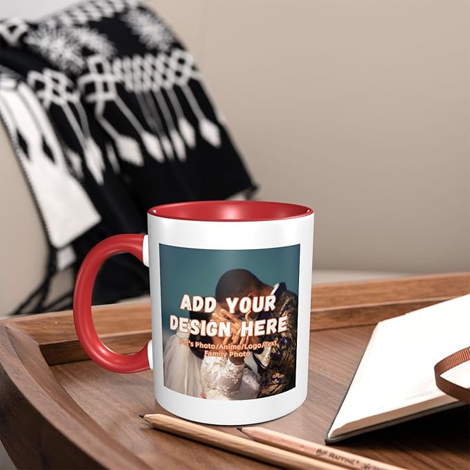 Customizable Mugs and Coffee Cups with Various Creative Designs Customize Your Photos Images Texts Partial or Full-Size Printing (Partial, Red)