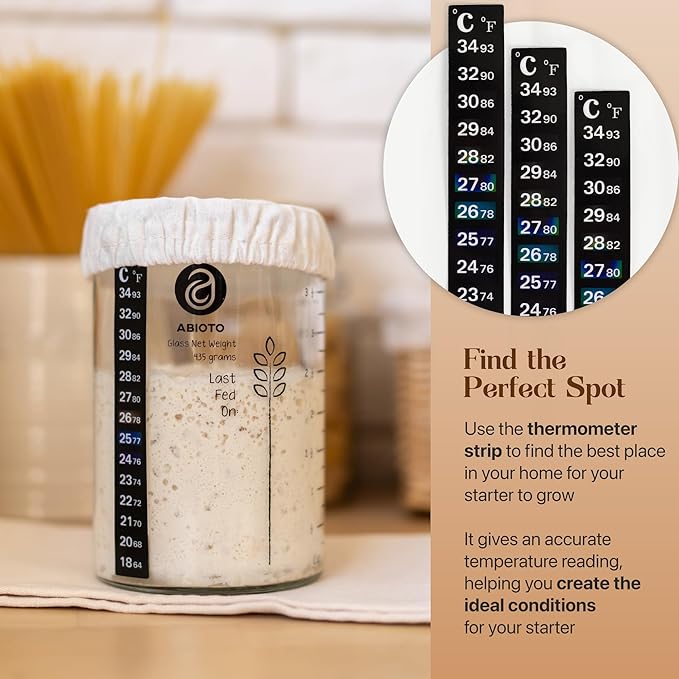 Sourdough Starter Jar Kit, Includes 34 oz Sourdough Starter Jar with Metallic Lid, Silicone Spatula, Feeding Tracker, Extra Thermometer Strips & Breathable Covers ??Sourdough Bread Starter Kit