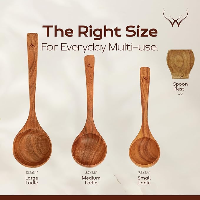 Wooden Ladle Set of 3 Sizes ??Teak Wood Soup Spoons with Hook Handles for Cooking, Serving, Stirring ??Non-Stick Wooden Spoons for Pot & Bowl Use