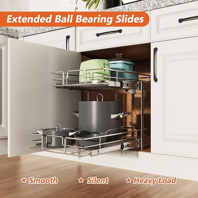 ROOMTEC Individual Pull Out Cabinet Organizer (11쩍" W x 21쩍" D), 2 Tier Spice Rack Organizer for Cabinet, Slide Out Drawer Pantry Shelf Organization and Storage for Kitchen Bathroom