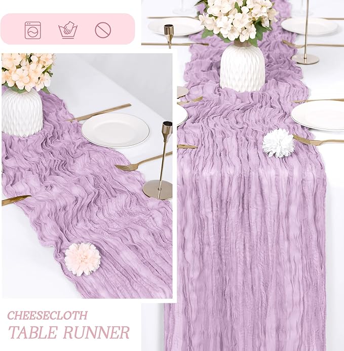 RealBox 6 Pack Lavender Cheesecloth Table Runner 17x108 Inch Semi Sheer Boho Gauze Cheese Cloth Fabric Table Runners Table Decor for Wedding Party Baby Shower Birthday Home Decor Garden Farmhouse