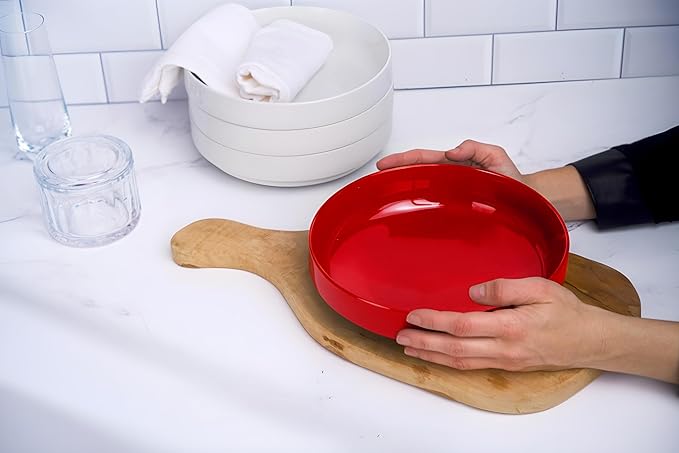 KooK Ceramic Large Pasta Bowls, Microwave and Dishwasher Safe, Great for Soups and Salads, Shallow Serving Bowls, Glossy Porcelain, 47 oz, Set of 4, Cherry Red