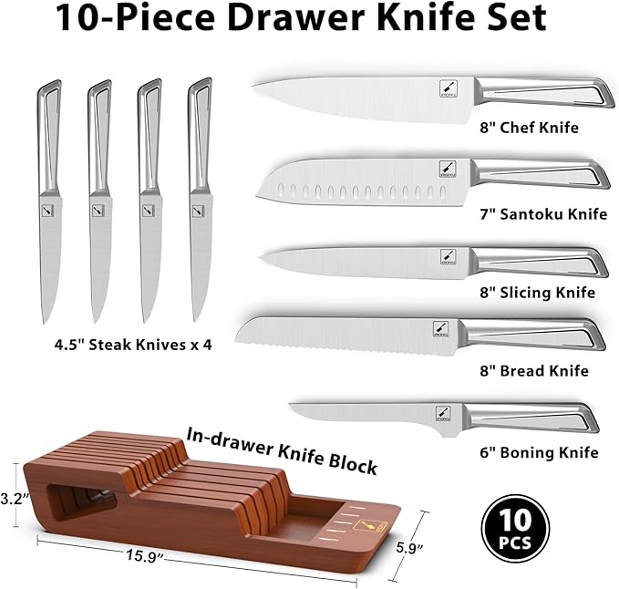 imarku Knife Set, 10 PCS Japanese Stainless Steel Knife Block Set, Kitchen Knife Sets with Wooden Drawer Organizer, Drawer Knife Set,Dishwasher Safe, Ultra Sharp Chef Knife, Gifts for Women Men