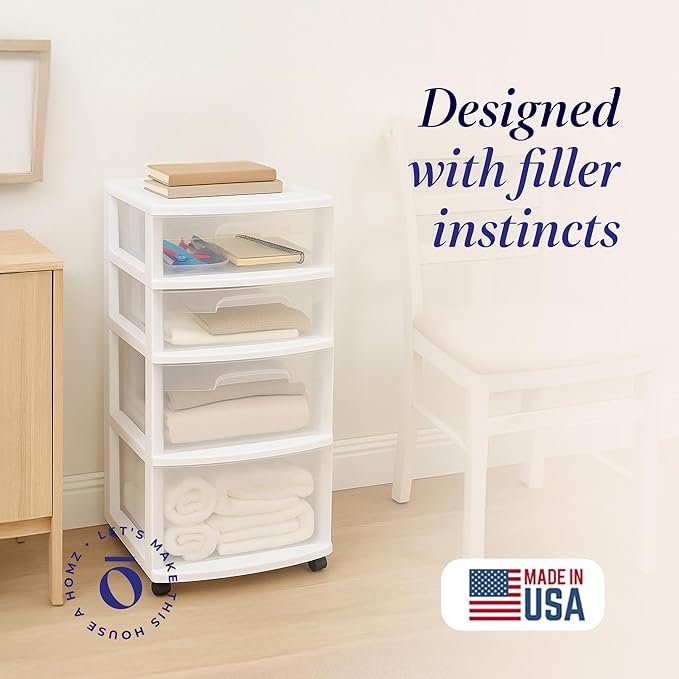 HOMZ Drawer Tower, 4-Tier Clear Plastic Storage Organizer Cart, White Frame ??Rolling Containers with Wheels for Bathroom, Bedroom, Office, and Classroom Organization