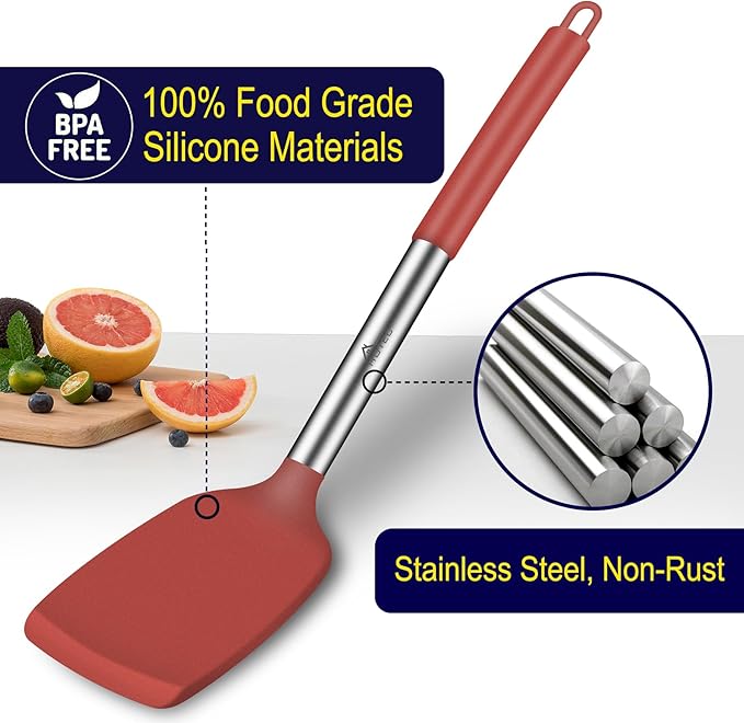 HOTEC Silicone Spatula Set of 2 Heat-Resistant 600째F & BPA-Free Kitchen SaptulaTurner with Stainless Steel Handles, Slotted & Solid Spatulas for Nonstick Cookware, 13.7 Inch, Red