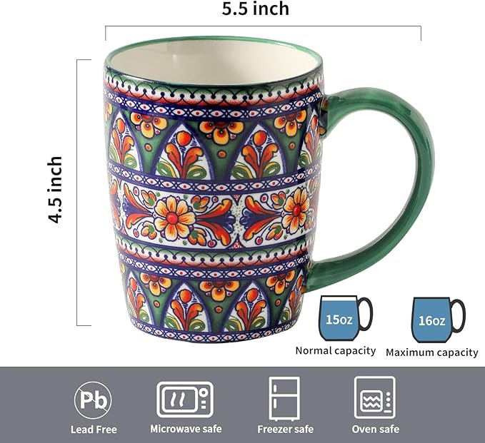 HASENSE Coffee Mugs, 15 OZ Coffee Cups Ceramic Set of 4 with Handle and Bohemian Style for Man Woman, Vintage Stoneware Porcelain Coffee Cups Set for Tea, Cocoa, Milk, Latte and Cappuccino - Multi