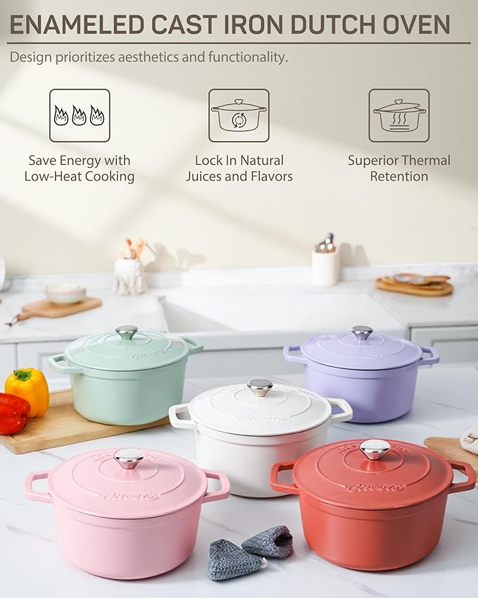 6 QT Dutch Oven Pot with Lid, Enameled Cast Iron Dutch Oven for Bread Making, Braiser, Cooking, Dual Handles, Oven Safe up to 500째 F or on Stovetop, Gifts for Family - Off White