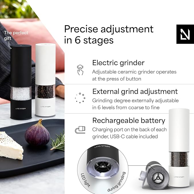 LARS NYS횠M Electric Salt and Pepper Grinder Set I Automatic Salt and Pepper Mills with Adjustable Ceramic Grinder I USB Rechargeable Electric Spice Mill Set with LED Light (Black/White)