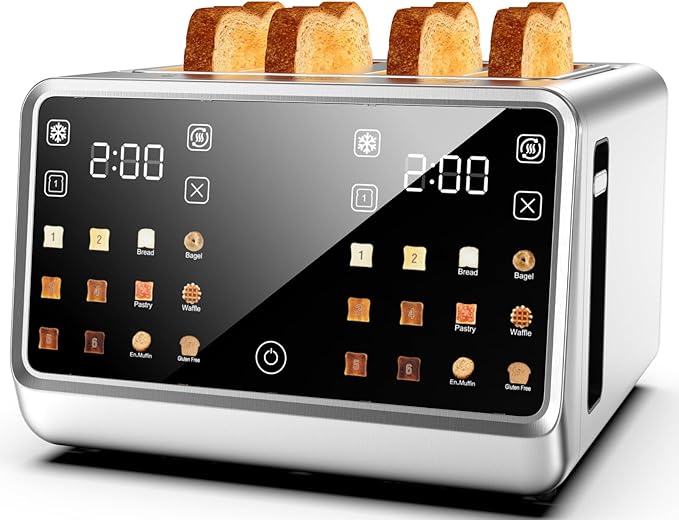 Smart Toaster 4 Slice Wide Slot??Dual Digital TouchScreen & Independent Control for Family | 1800W Stainless Steel for 6 Bread Types & Toast Settings | Defrost Reheat & Single-Slice Modes