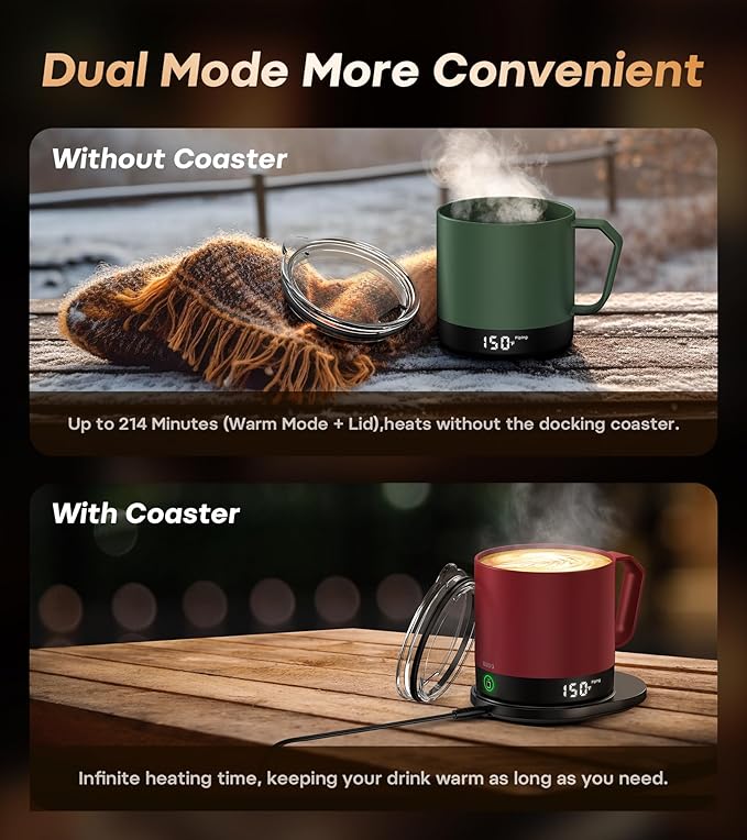 Heated Coffee Mug Rechargeable - Temperature Control Self Heating Coffee Mug 14oz with Lid, Double Sided & Real-Time LED Display, Hot up to 150?? Birthday Gifts for Women and Men(Red)