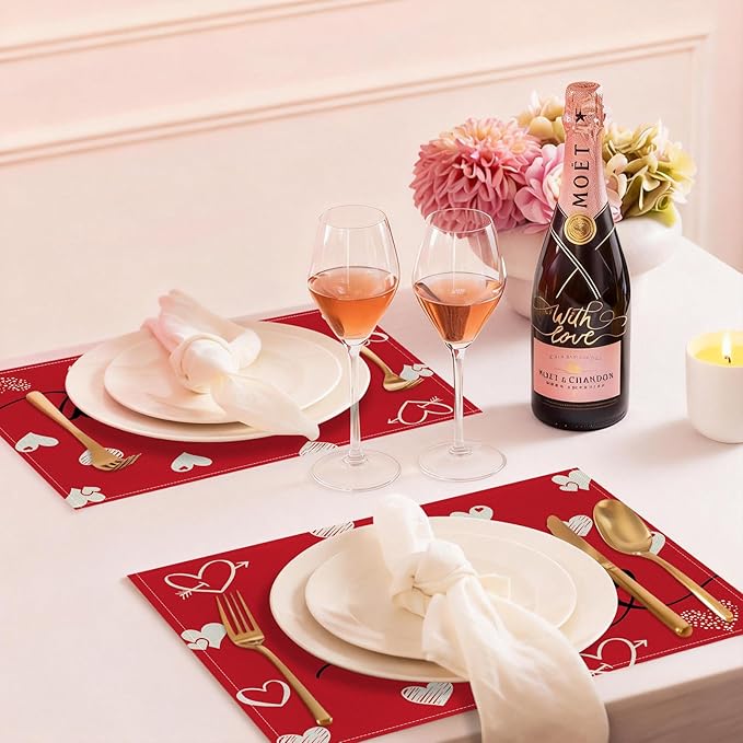 Valentine Placemats Set of 4, 12x18 Inch Love Hearts Table Mats, Seasonal Anniversary Holiday Valentines Day Table Decorations for Kitchen Dining Home Party Decor (Red)
