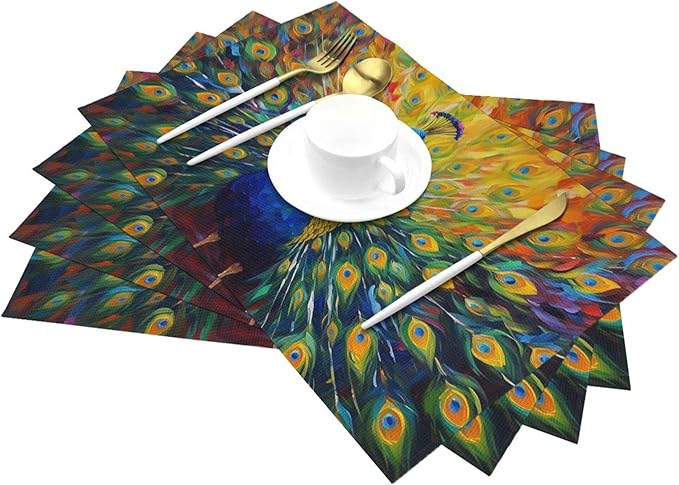 Beautiful Peacock Placemats Set of 4 Linen Washable Heat-Resistant Cute Kitchen Table Mats for Dining Outdoor Farmhouse Holiday Home Decor 12x18 Inch