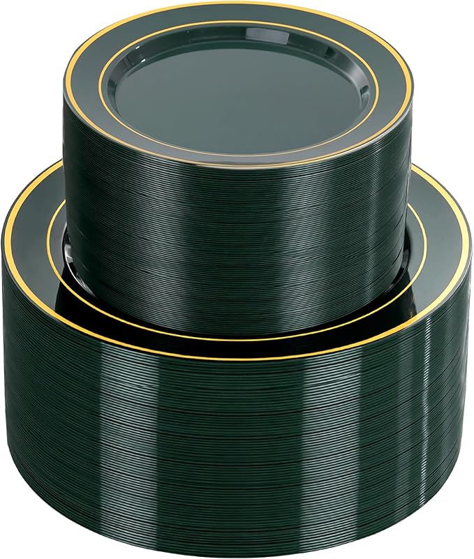 NOCCUR 200PCS Green Plastic Plates for 100 Guests - Include 100PCS 10" Dinner/ 100PCS 7" Dessert Disposable Plates Heavy Duty - Ideal for Party/Wedding