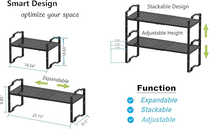 Expandable Shelf Cabinet Organizer Adjustable Stackable Spice Rack at Kitchen and Bathroom More, Countertop Cupboard Organization Pantry Storage (1 Pack/Black, M)