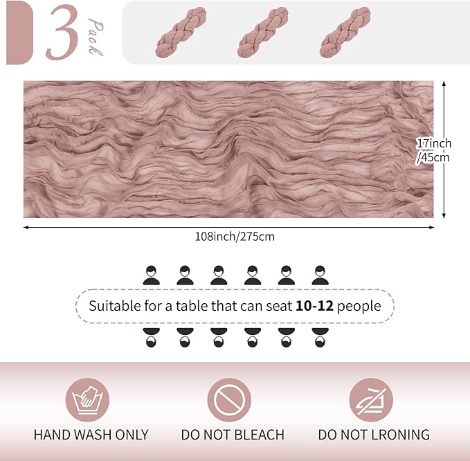 RealBox 3 Pack Dusty Pink Cheesecloth Table Runner 17x108 Inch Semi Sheer Boho Gauze Cheese Cloth Fabric Table Runners Table Decor for Wedding Party Baby Shower Birthday Home Decor Garden Farmhouse