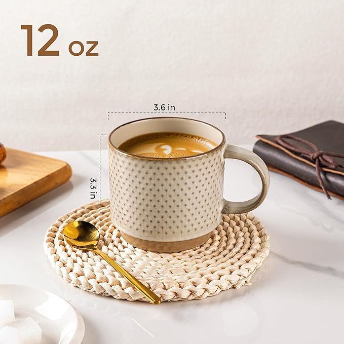 GBhome 12OZ Stackable Coffee Mugs Set of 6, Ceramic Coffee Mugs with Texture Patterns for Man,Woman,Dad,Mom, Modern Coffee Mugs Cups for Latte/Cappuccino/Cocoa. Dishwasher&Microwave Safe, Pale Khaki