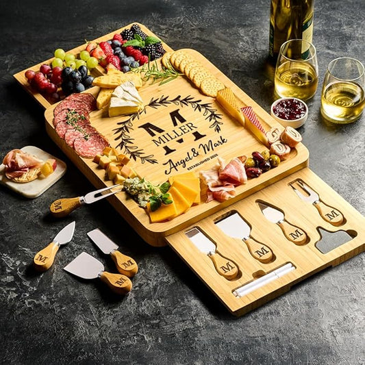 Custom Charcuterie Board - Monogrammed Gifts for Couples, Personalized Cheese Board Gift Set, Bamboo Wooden, Engagement Gifts, New Home Gift Ideas, Wedding Gifts