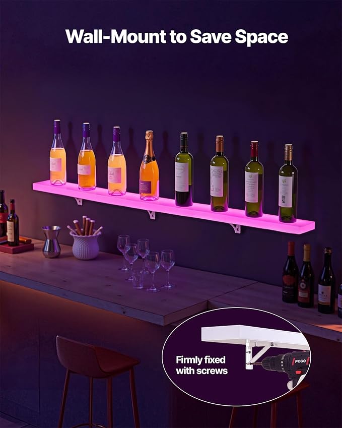 VEVOR LED Lighted Liquor Bottle Display, 1 Tier 60 Inches Whiskey Rack, Supports USB, Illuminated Home Bar Shelf with RF Remote & App Control, 7 Static Colors, Acrylic Lighted Shelf for 15 Bottles