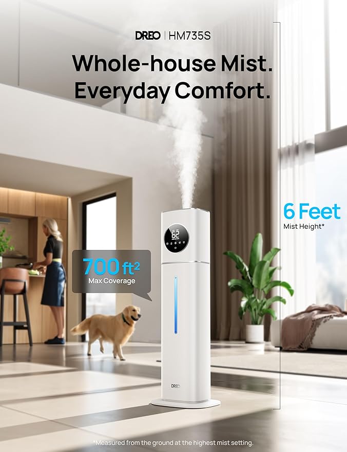 Dreo 11L Smart Humidifier Large Room 700 ft짼, 100H Cool Mist Air Humidifiers for Bedroom, Top-Fill Self-Cleaning Tank, 26dB, Auto Mode, Aroma Box, RGB Light, Remote & APP Control, Baby, Plant, Silver