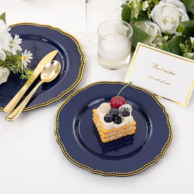 Hioasis 60pcs Blue Plastic Plates - Blue and Gold Disposable Dinnerware with Gold Rim, Heavy-duty, 7.5 inch, Dessert Plates for Party & Christmas