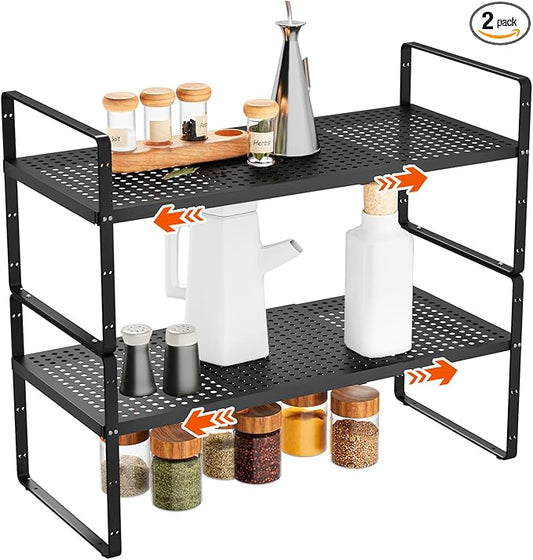 2Pack 16.5-27?쇺셂 Expandable Stackable Cabinet Shelves, Adjustable Spice Rack Cabinet Shelf Organizer for Kitchen, Countertop, Pantry and Cupboard, Black